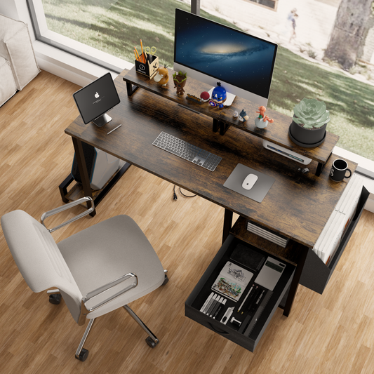 Computer Desk with Drawer and Power Outlets, 47' Office Desk with 2 Monitor Stands and Fabric File Cabinet, Writing Gaming Table with Shelves and Hooks for Home Office, Rustic Brown