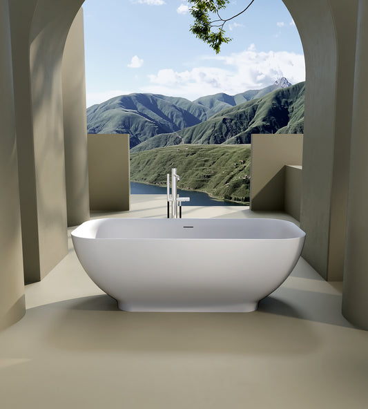 67' Freestanding Solid Surface Bathtub, Luxury Engineered Stone Resin Freestanding Soaking Bathtub with Overflow and Pop-up Drain cUPC Certified, Matte White 22S04-67