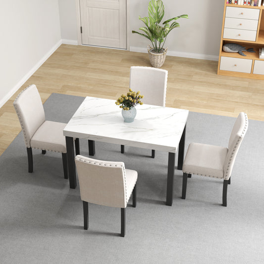 Five-piece dining set with imitation marble tabletop, restaurant combination set, solid wood dining table and 4 chairs, space-saving combination furniture for kitchen and dining room.