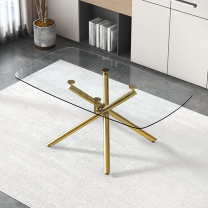 Large Modern Minimalist Rectangular Glass Dining Table with 0.39' Tempered Glass Top and Gilded Metal Legs for Kitchen, Dining Room, Living Room, Meeting Room, Ballroom 71' x 35.4' x 30'.