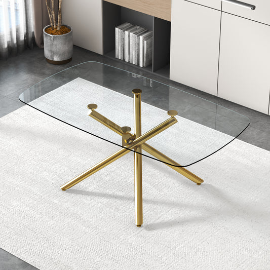 Large Modern Minimalist Rectangular Glass Dining Table with 0.39' Tempered Glass Top and Gilded Metal Legs for Kitchen, Dining Room, Living Room, Meeting Room, Ballroom 71' x 35.4' x 30'.