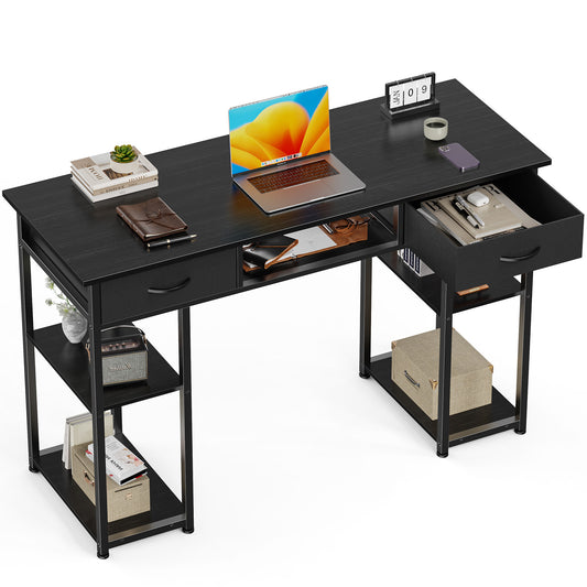 Computer Desk 48 Inch Home Office Bedroom Writing Study PC Table with Fabric Drawers Storage Shelves Space Headphone Hook Metal Frame Adjustable Feet Modern Simple Style