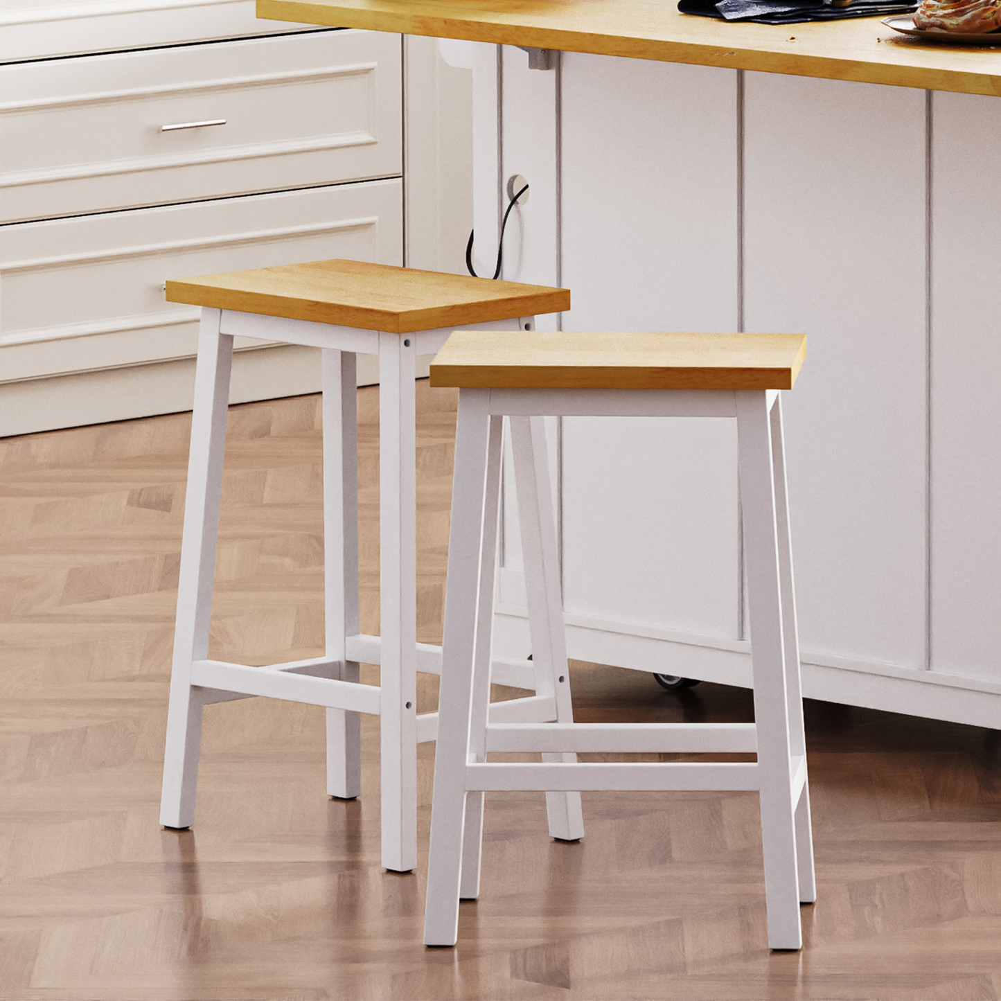 K&K Solid Wood Bar Stools (Not Cheap Iron), 25.6' Tall Set of 2 Bar Chairs, Kitchen Counter Stools with Footrests, Farmhouse Stools for Dining Room, Kitchen, Counter, White