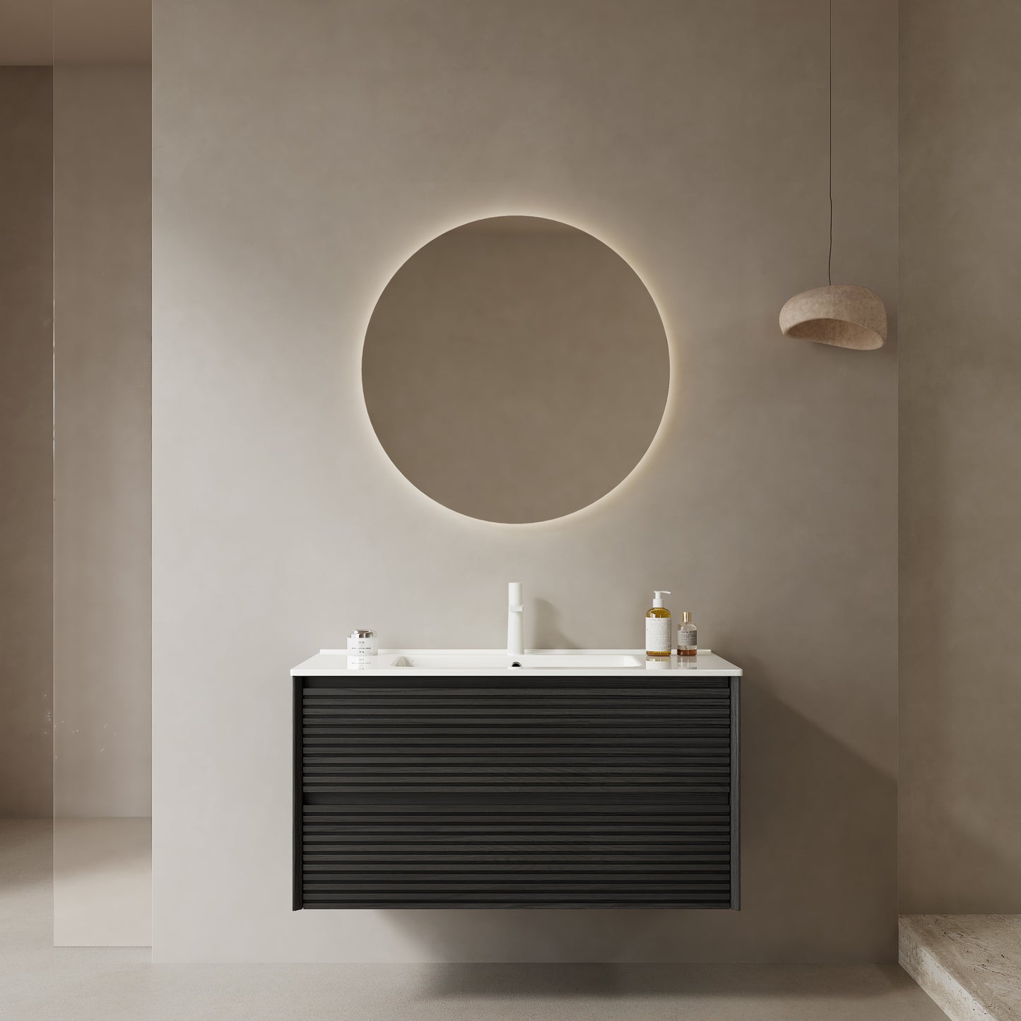BRON 36' Bathroom Vanity with Sink, Wall-Mounted Floating Plywood Bathroom Storage Cabinet with 2 Drawers, White Ceramic Basin with Sink Hole Cover and Drain, Pre-assembled, Dark Oak Woodgrain Color