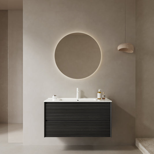 BRON 36' Bathroom Vanity with Sink, Wall-Mounted Floating Plywood Bathroom Storage Cabinet with 2 Drawers, White Ceramic Basin with Sink Hole Cover and Drain, Pre-assembled, Dark Oak Woodgrain Color