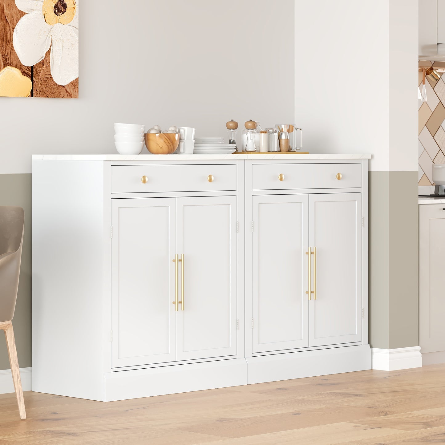 [Assembly Video Provided] TOPMAX Modern Freestanding Kitchen Pantry,Buffet Food Storage, Coffee Bar Cabinet with Drawer, 2 Adjustable Shelves and 2 Door Shelves for Dining, Kitchen, Set of 2, White