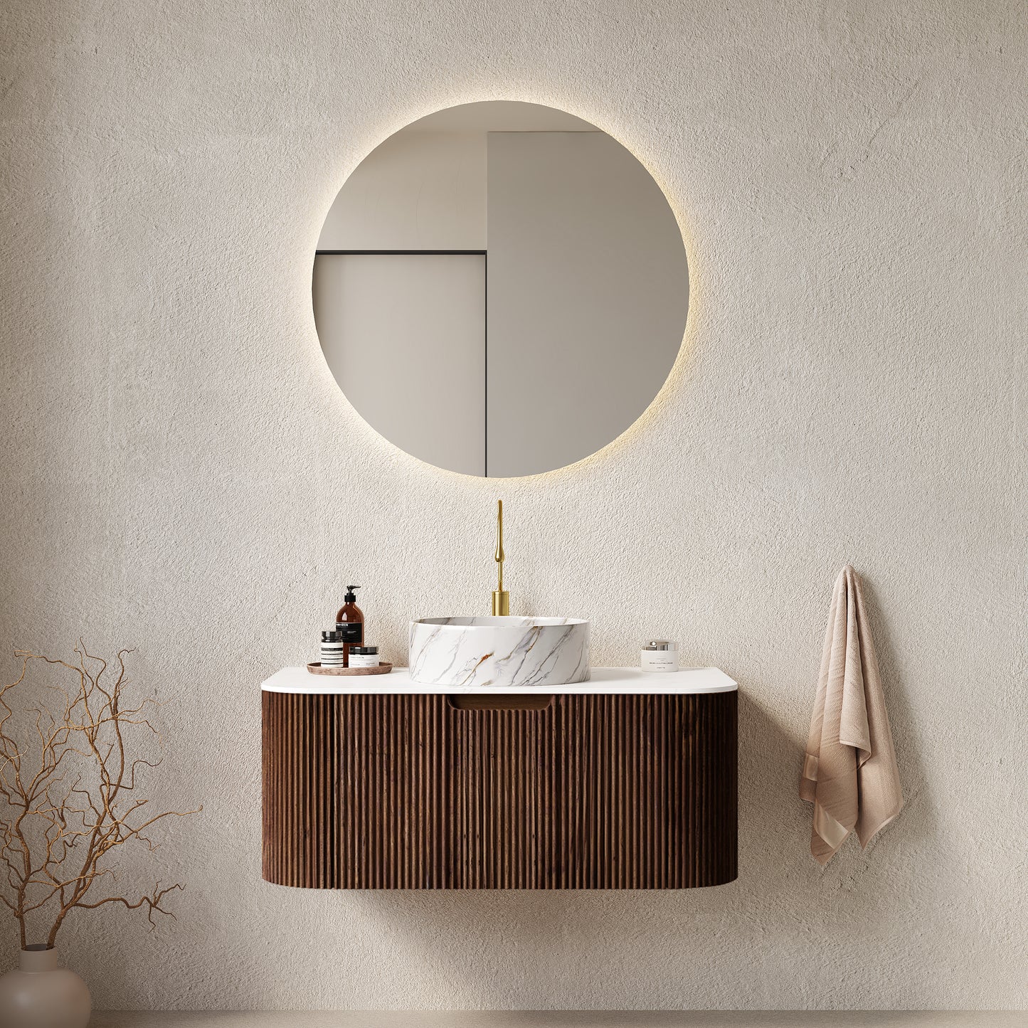 DINA 36' Bathroom Vanity with Sink, Wall-Mounted Floating Curved Edges Striped Bathroom Storage Cabinet with Drawer, White Ceramic Basin with Stone Pattern, Pre-assembled, Dark Walnut Woodgrain Color
