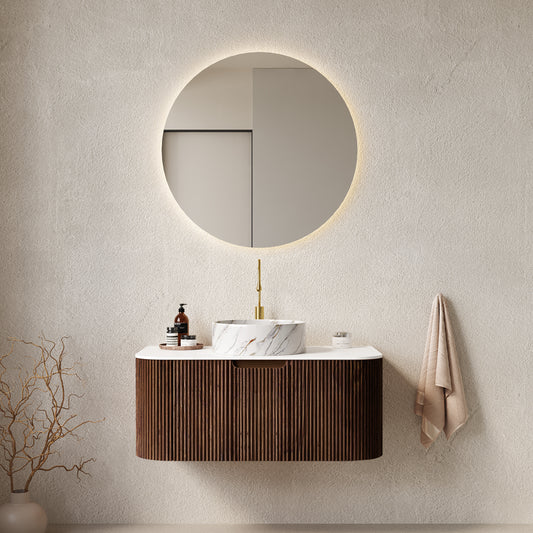 DINA 36' Bathroom Vanity with Sink, Wall-Mounted Floating Curved Edges Striped Bathroom Storage Cabinet with Drawer, White Ceramic Basin with Stone Pattern, Pre-assembled, Dark Walnut Woodgrain Color