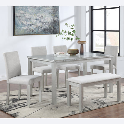 6 Piece Wooden Dining Table Set, Wooden Dining Table with 4 Upholstered Chairs and Bench for 6 People, Rectangular Dining Table Set with Crystal Decoration for Kitchen, Dining Room, Silver grey