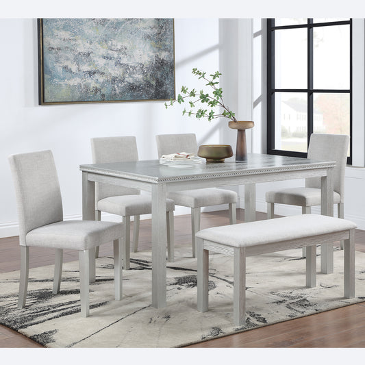 6 Piece Wooden Dining Table Set, Wooden Dining Table with 4 Upholstered Chairs and Bench for 6 People, Rectangular Dining Table Set with Crystal Decoration for Kitchen, Dining Room, Silver grey