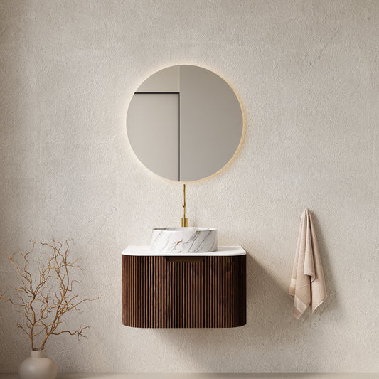 DINA 24' Bathroom Vanity with Sink, Wall-Mounted Floating Curved Edges Striped Bathroom Storage Cabinet with Drawer, White Ceramic Basin with Stone Pattern, Pre-assembled, Dark Walnut Woodgrain Color