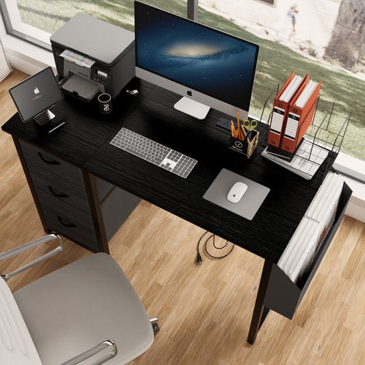 47.3'office desk with power outlet,3 drawers,Large Side Pocket, Desk Easy to Assemble,Frame stability Reversible,  for home desk, computer desk, game table,Writing desk,Vanity table, black