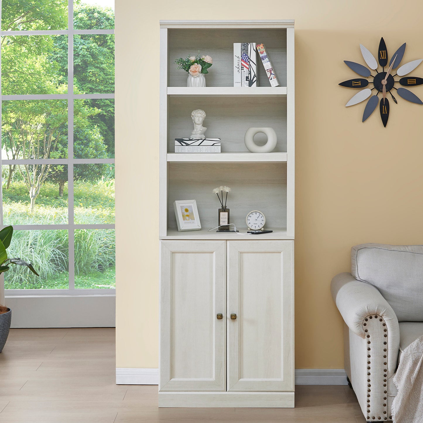 1 Doors Bookshelf with USB Port and 3 Open Shelves Bookcase Side Cabinet Storage Shelves, Rustic White