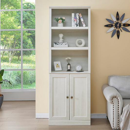 1 Doors Bookshelf with USB Port and 3 Open Shelves Bookcase Side Cabinet Storage Shelves, Rustic White