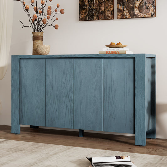 TREXM Buffet Cabinet with Storage, 4-Door Retro Wood Sideboard with Distressed Finish and Adjustable Shelves for Dining Room, Kitchen, and Living Room (Navy)