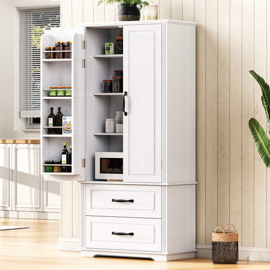 K&K 71' Farmhouse Kitchen Pantry Cabinet with 2 Large Drawers,Embossed Texture Freestanding Cupboard Cabinet with 8 Door Shelves and 3 Cabinet Shelves for Kitchen,Dining Room,Living Room,Laundry,White