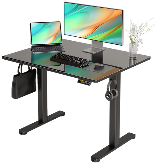 Claiks Glass Standing Desk, Small Electric Standing Desk Adjustable Height, 40 Inch Adjustable Stand Up Desk, Quick Install Home Office Computer Desk, Black