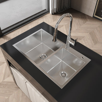 Stainless Steel Kitchen Sink, 32″x19″ Double Bowl in Brushed Nickel, Overmount Handmade Sink, with US Standard Drain and Hook, LS-SSBR03
