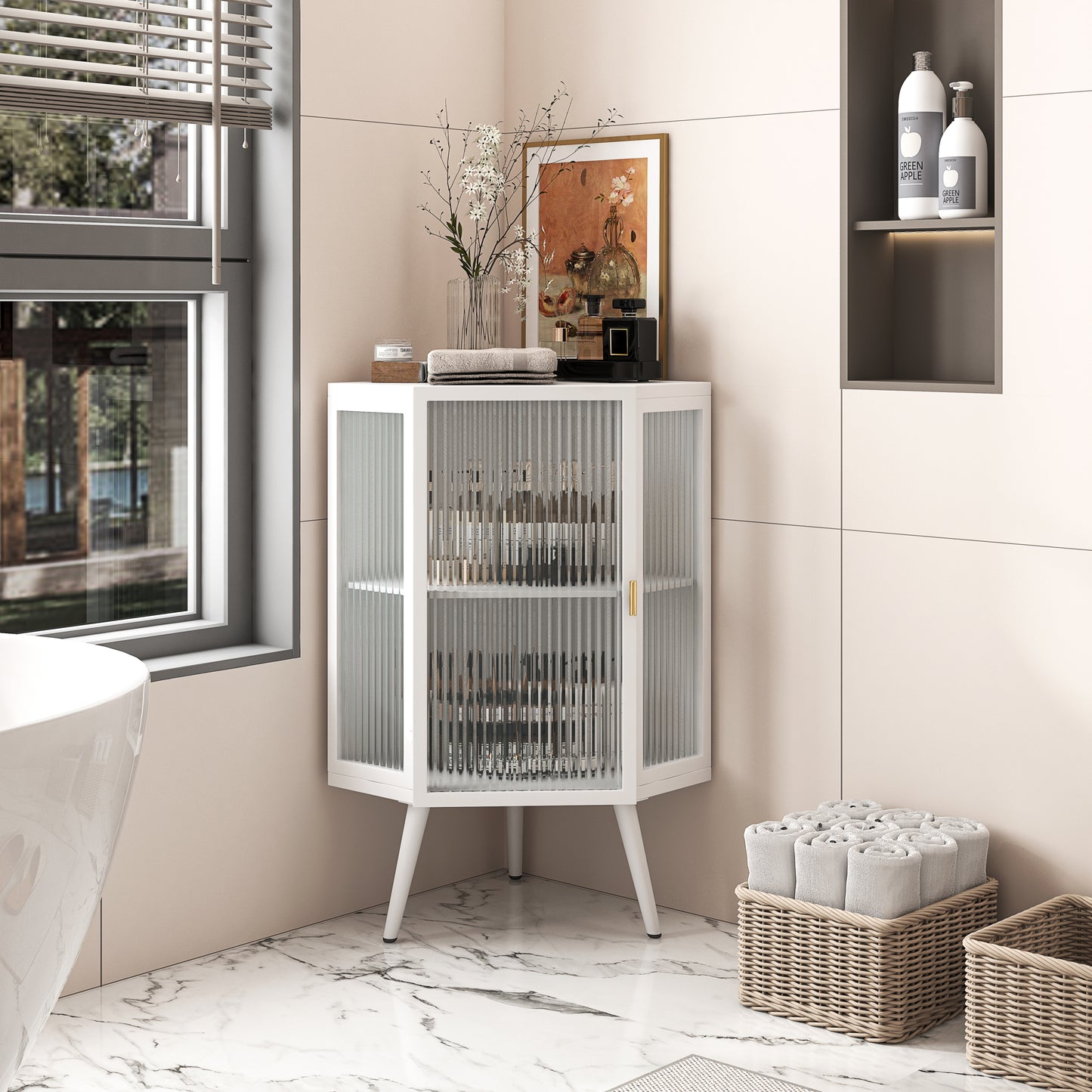 22.25 ' Floor Coner Cabinet with Tempered Glass Door & Storage Shelves for Bathroom, Living Room, Bedroom (White)