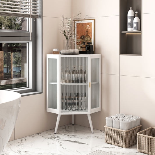 22.25 ' Floor Coner Cabinet with Tempered Glass Door & Storage Shelves for Bathroom, Living Room, Bedroom (White)