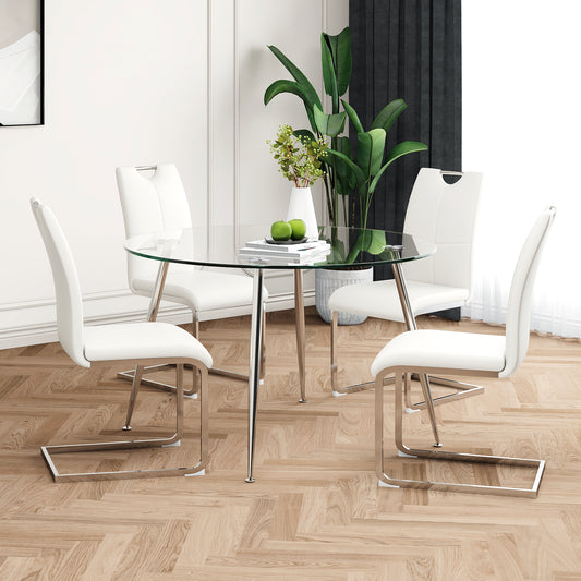 Modern simple round glass dining table, solid tempered glass tabletop, electroplated table legs, white PU dining chair set, suitable for restaurant kitchen use (set of 5)