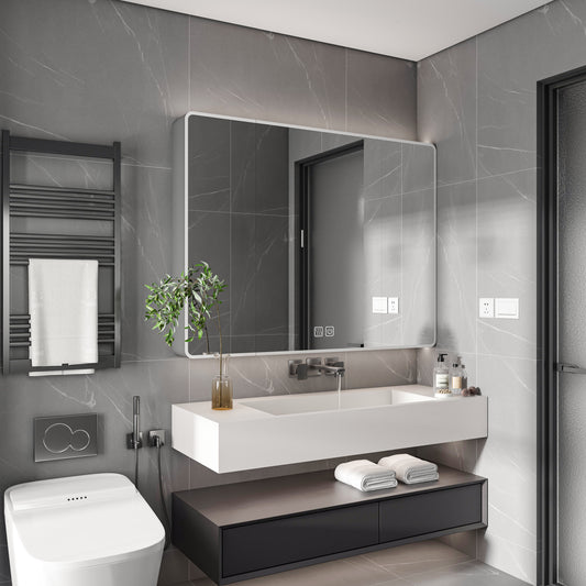Aluminium Medicine Cabinet Mirror, 35 x 28 Inches Medicine Cabinet with 3 Colors LED Light and Defogging Function, Bathroom Mirror Cabinet with Cosmetic Storage Rack and Hair Dryer Holder, Grey