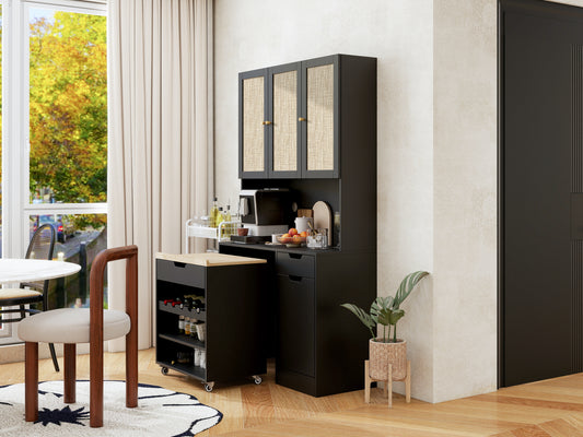 69.29' Kitchen Pantry Storage Cabinet, Modern Buffet Cabinet with Kitchen Cart, Tall Kitchen Hutch Cabinet with Microwave Stand, Food Pantry Cabinet with 3 Rattan Doors and Adjustable Shelves , Black