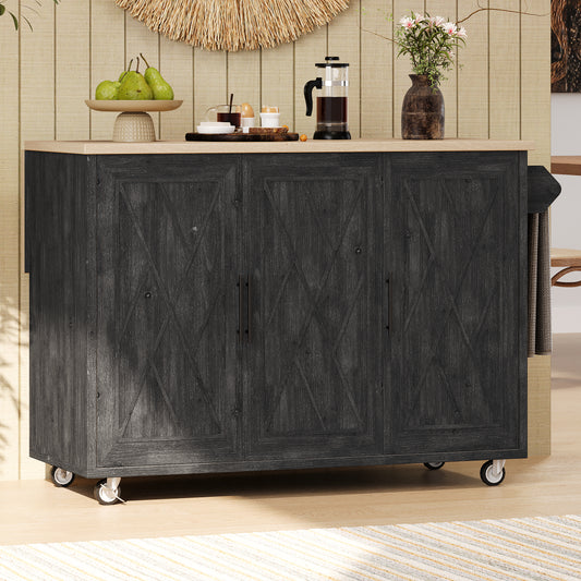 K&K 51.2'W Geometric Twill Stripe Textured Design Kitchen Island with Drop Leaf, Farmhouse Kitchen Island on Wheels with Internal Storage Rack, Rolling Kitchen Cart with Towel Rack for Kitchen, Black