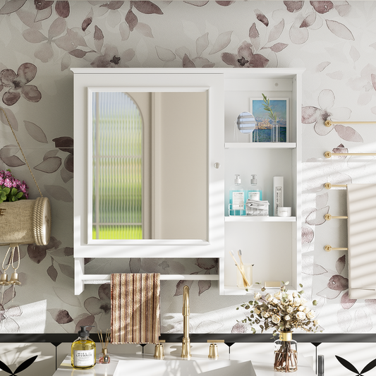 Wall Mounted Bathroom Storage Cabinet, Medicine Cabinets with large mirror door, adjustable shelves and three open storage levels(Not Include Bathroom Vanity )