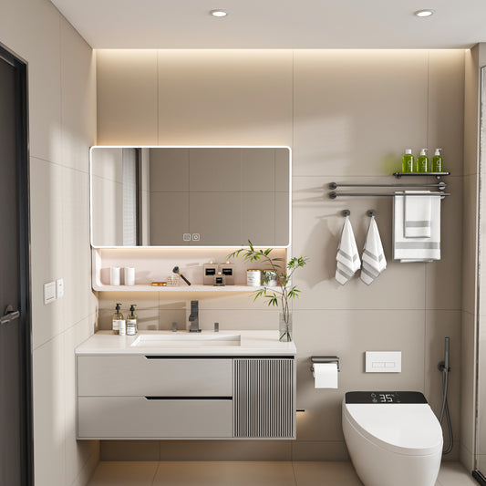 Aluminium Medicine Cabinet Mirror, 35 x 28 Inches Medicine Cabinet with 3 Colors LED Light and Defogging Function, Bathroom Mirror Cabinet with Cosmetic Storage Rack and Hair Dryer Holder, khaki