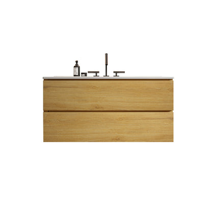 TIA 36' Wall Mount  Natural Oak Bathroom Vanity with Ceramic Sink with three faucet holes, Large Storage Floating Bathroom Vanity for Modern Bathroom, Pre-assembled