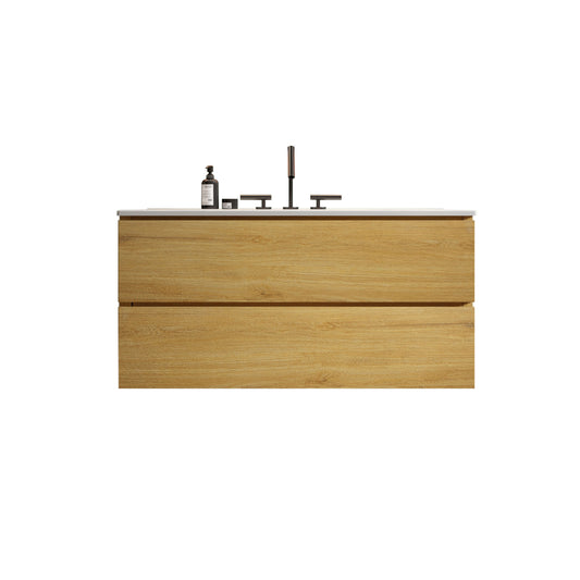 TIA 36' Wall Mount  Natural Oak Bathroom Vanity with Ceramic Sink with three faucet holes, Large Storage Floating Bathroom Vanity for Modern Bathroom, Pre-assembled