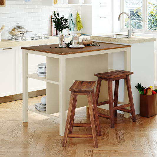 TOPMAX Solid Wood Rustic 3-piece 45' Stationary Kitchen Island Set with 2 Seatings, Rubber Wood Butcher Block Dining Table Set Prep Table Set with 2 Open Shelves for Small Places,Walnut+Cream White
