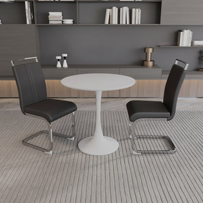 31.5 ' White circular dining table, tulip dining table, kitchen dining table for 2-4 people, MDF tabletop and base, and 2 black PU plating silver metal leg dining chair set 2
