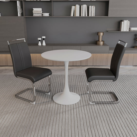 31.5 ' White circular dining table, tulip dining table, kitchen dining table for 2-4 people, MDF tabletop and base, and 2 black PU plating silver metal leg dining chair set 2