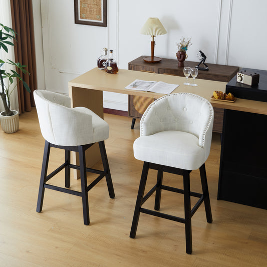 33.25' Swivel Counter Stools Set of 2, Upholstered Counter Height Bar Stools with Solid Rubber Wood Frame, Backrest, Footrest, Armless Barstools for Home Bar, Kitchen Counter, Black + Beige