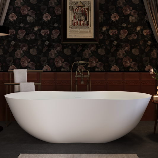 67' Freestanding Solid Surface Bathtub, Stone Resin Freestanding Bath Tub with Overflow and Pop-up Drain, Matte White 24S10-67MW