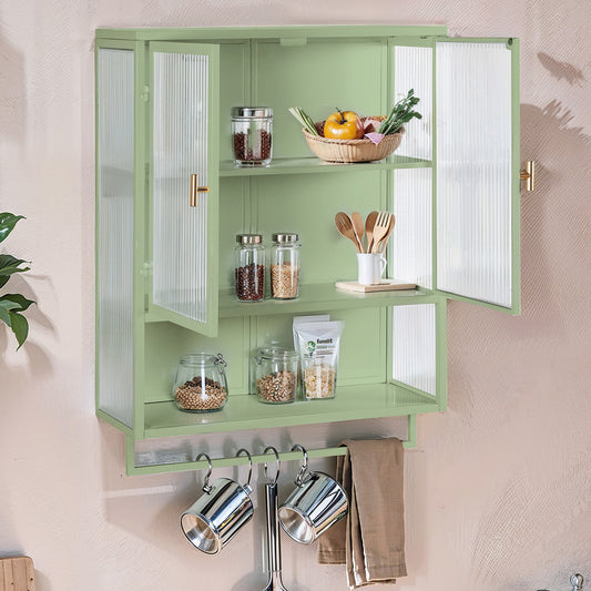 23.62'Glass Doors Modern Two-door Wall Cabinet with Featuring Two-tier Enclosed Storage, an Open Shelf, and Towel Rack, for Entryway Living Room Bathroom Dining Room,Green