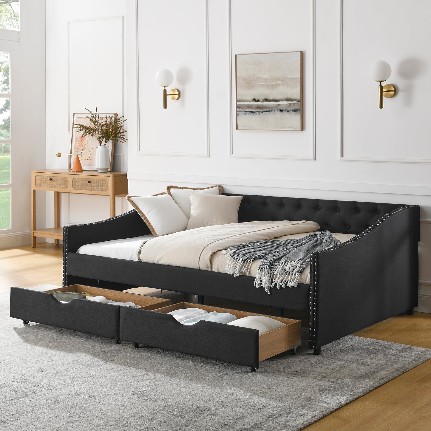 Full Size Daybed with Drawers Upholstered Tufted Sofa Bed, with Button on Back and Copper Nail on Waved Shape Arms(80.5''x55.5''x27.5'')