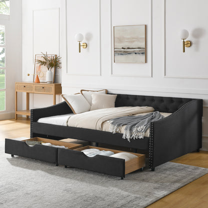 Full Size Daybed with Drawers Upholstered Tufted Sofa Bed, with Button on Back and Copper Nail on Waved Shape Arms(80.5''x55.5''x27.5'')