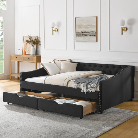 Full Size Daybed with Drawers Upholstered Tufted Sofa Bed, with Button on Back and Copper Nail on Waved Shape Arms(80.5''x55.5''x27.5'')
