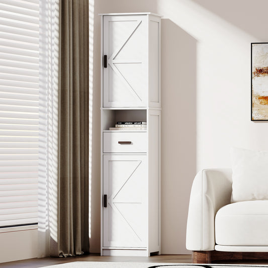 69' H Tall Bathroom Storage Cabinet with 2 Barn Doors and 1 Drawer, Narrow Storage Unit, Adjustable Shelves,Floor Cabinet for Bathroom, Living Room, Entryway,Kitchen,(White)