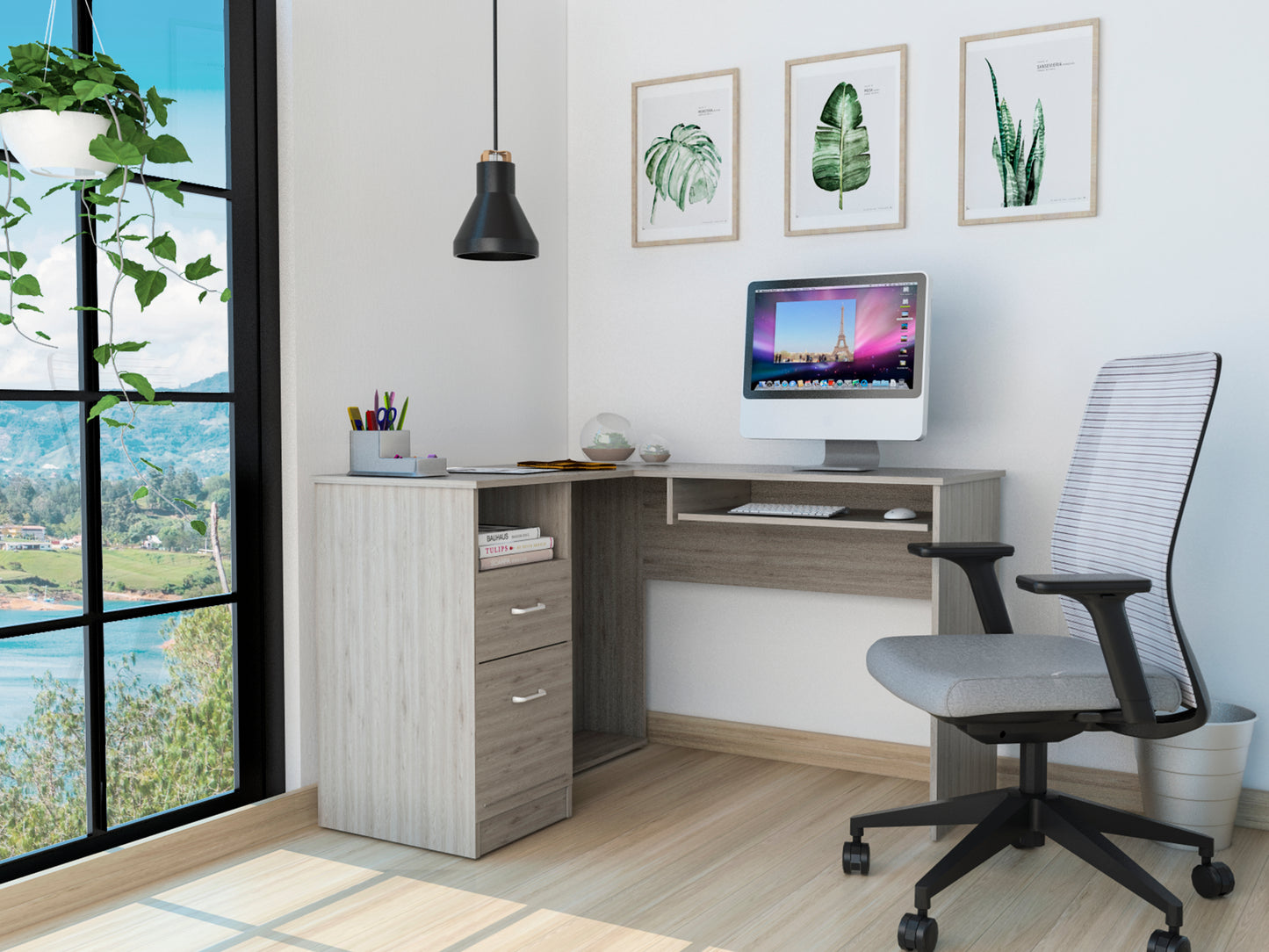 Raleigh L-Shaped Desk, Two Drawers, One Shelf, CPU Storage