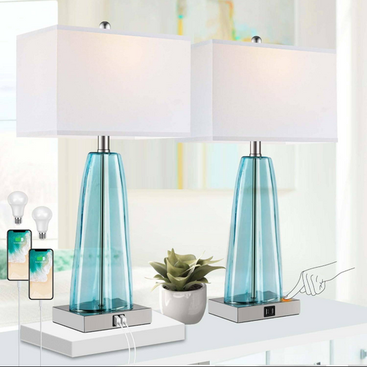 Table Lamp Set of 2 Touch Control, Contemporary Blue Green Glass Bedside Lamp with 2 USB Ports, 3-Way Dimmable Nightstand Lamps with White Fabric Shade for Living Room, Bedroom (LED Bulbs Included)