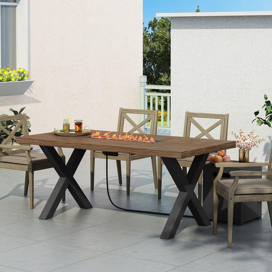 Outdoor Patio Propane Fire Pit Concrete Wood-Pattern Fire Table - 40, 000 BTU, 29' H x 69.25' W x 34.75' D, Brown (Tank cover not Included)