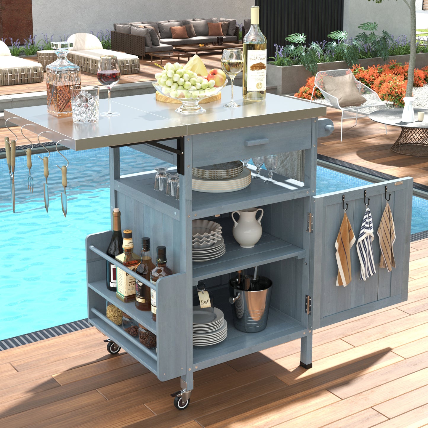 K&K 40.5' Outdoor Grill Cart with Stainless Steel Top, Solid Wood Outdoor Storage Cabinet with Drop Leaf, One Drawer, Towel Rack, Rolling Kitchen Cart with Lockable Wheels for Lawn Garden, Blue Grey