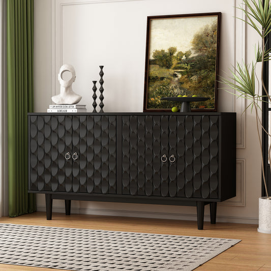 TREXM Modern 4-door Sideboard with Convex Pattern Doors and 2 Silver Handle for Living Room, Dining Room, Kitchen (Black)