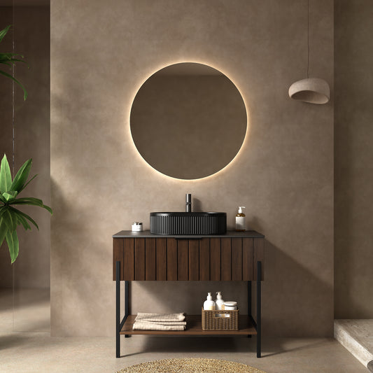 ZENO 36' Bathroom Vanity with Sink, Freestanding Striped Design Bathroom Storage Cabinet with Drawer and Metal Supporting Structure, Open Shelf, Black Ceramic Basin, Dark Walnut Woodgrain Color