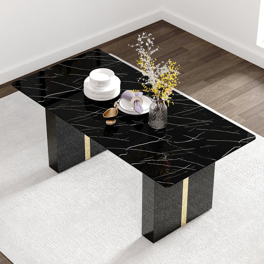 Large modern rectangular table with black patterned countertop and large MDF legs for kitchen, dining room and living room to create a different atmosphere for a home environment.