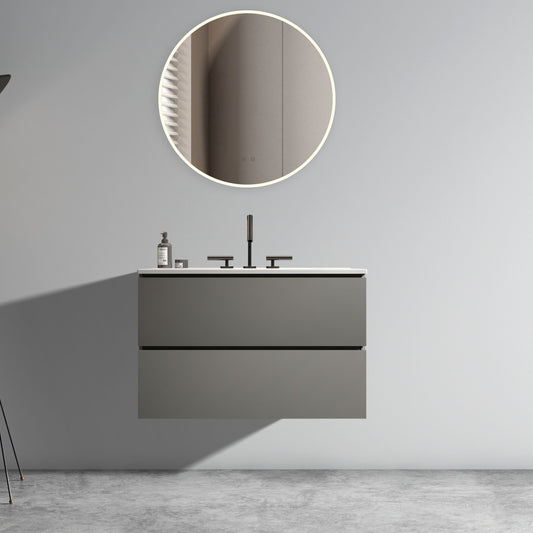 TIA 30' Wall Mount Space grey Bathroom Vanity with Ceramic Sink with Three Faucet Holes, Large Storage Floating Bathroom Vanity for Modern Bathroom, Pre-assembled